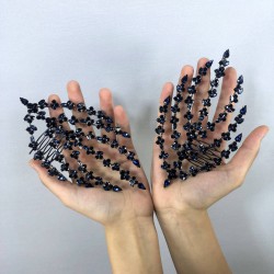 Lacivert Çift Taraflı Yaprak Desenli Saç Aksesuarı-CIFTSAK-2