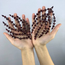 Bordo Çift Taraflı Yaprak Desenli Saç Aksesuarı-CIFTSAK-4