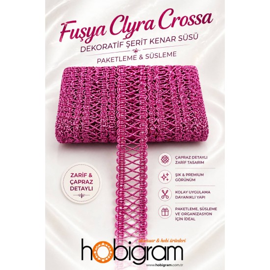 Fuşya Clyra Crossa Dekoratif Şerit Kenar S&uuml;s&uuml; 1 Metre Paketleme S&uuml;sleme-CLYRA-2