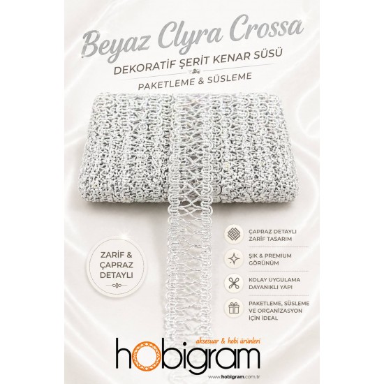 Beyaz Clyra Crossa Dekoratif Şerit Kenar S&uuml;s&uuml; 1 Metre Paketleme S&uuml;sleme-CLYRA-3