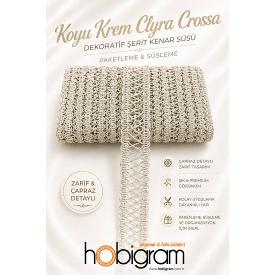 Koyu Krem Clyra Crossa Dekoratif Şerit Kenar S&uuml;s&uuml; 1 Metre Paketleme S&uuml;sleme-CLYRA-6