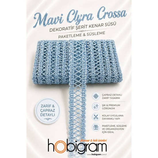 Mavi Clyra Crossa Dekoratif Şerit Kenar S&uuml;s&uuml; 1 Metre Paketleme S&uuml;sleme-CLYRA-8