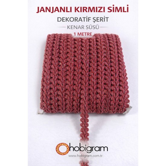 Janjanlı Kırmızı Simli Cornella Ko&ccedil; Boynuzu Dekoratif Şerit Kenar S&uuml;s&uuml; 1 Metre-CORNELLA-105