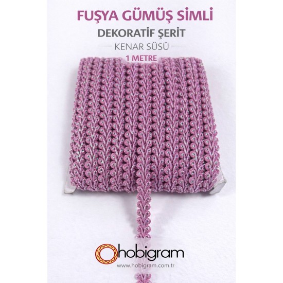 Fuşya G&uuml;m&uuml;ş Simli Cornella Ko&ccedil; Boynuzu Dekoratif Şerit Kenar S&uuml;s&uuml; 1 Metre-CORNELLA-106