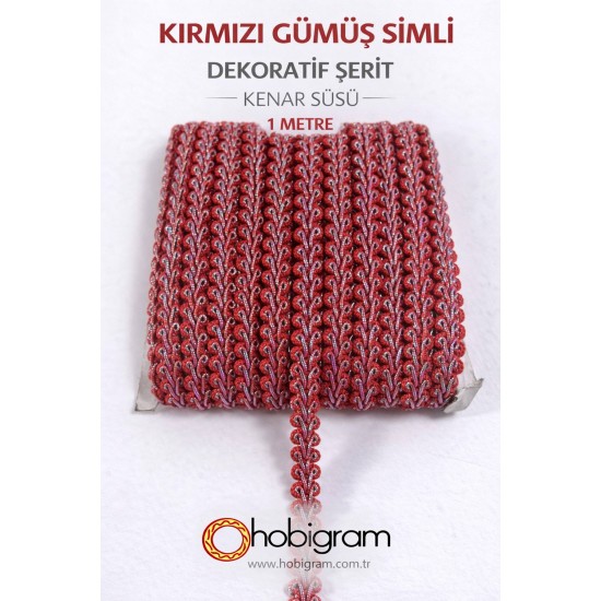 Kırmızı G&uuml;m&uuml;ş Simli Cornella Ko&ccedil; Boynuzu Dekoratif Şerit Kenar S&uuml;s&uuml; 1 Metre-CORNELLA-107
