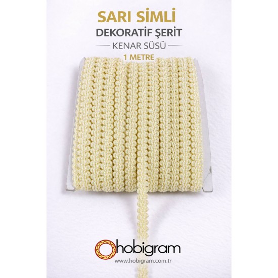 Sarı Simli Cornella Ko&ccedil; Boynuzu Dekoratif Şerit Kenar S&uuml;s&uuml; 1 Metre-CORNELLA-109