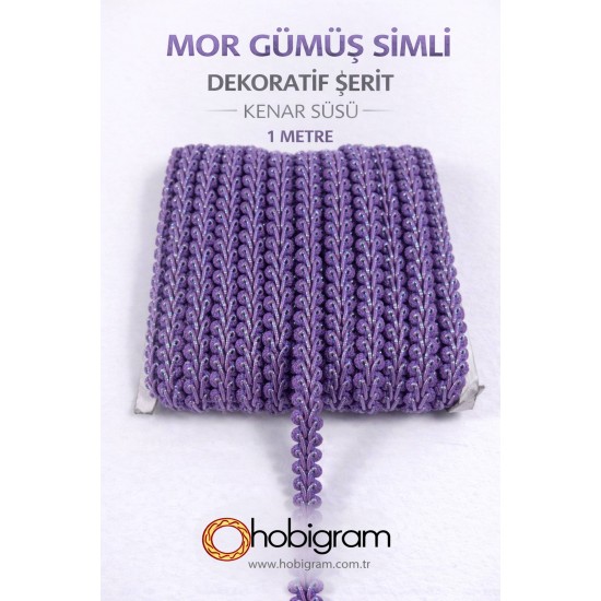 Mor G&uuml;m&uuml;ş Simli Cornella Ko&ccedil; Boynuzu Dekoratif Şerit Kenar S&uuml;s&uuml; 1 Metre-CORNELLA-110