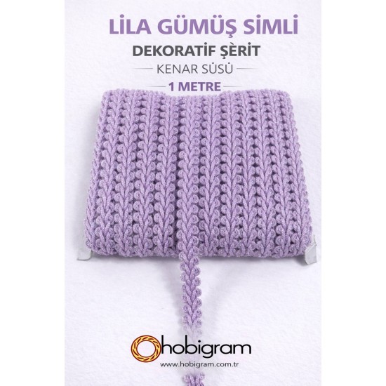 Lila G&uuml;m&uuml;ş Simli Cornella Ko&ccedil; Boynuzu Dekoratif Şerit Kenar S&uuml;s&uuml; 1 Metre-CORNELLA-114