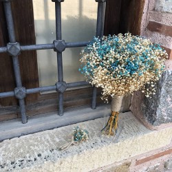 Mavi Krem Cipsolu Gelin Buketi Ve Yaka Çiçeği-CPS-1001