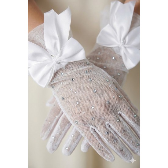 Cyristal Lurexia Beyaz T&uuml;l Eldiven &ndash; Taşlı Işıltılı Fiyonk Detaylı Kısa L&uuml;ks Gelin Aksesuarı-CYRISTAL-1