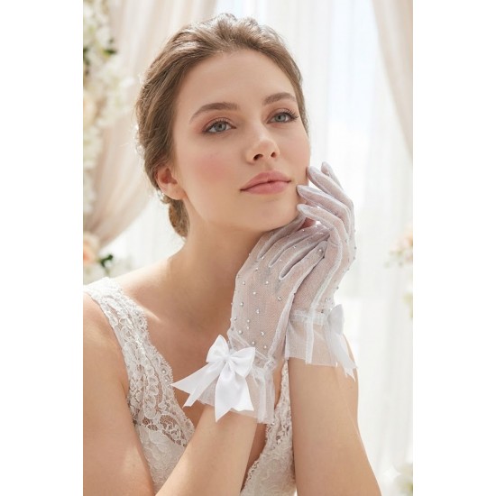 Cyristal Lurexia Beyaz T&uuml;l Eldiven &ndash; Taşlı Işıltılı Fiyonk Detaylı Kısa L&uuml;ks Gelin Aksesuarı-CYRISTAL-1