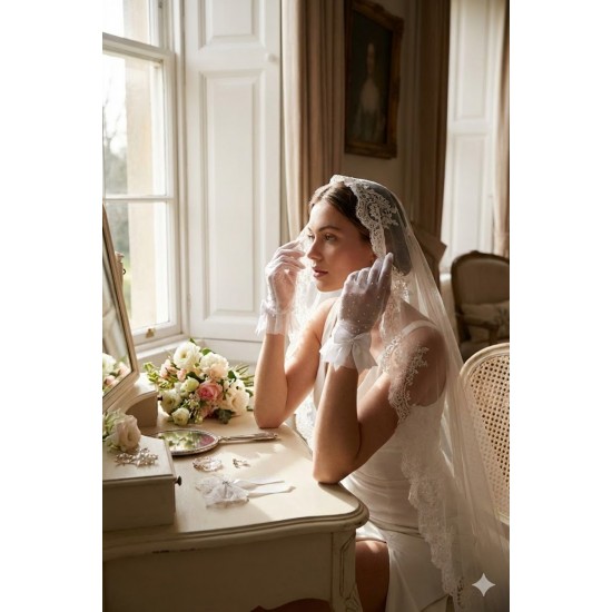 Cyristal Lurexia Beyaz T&uuml;l Eldiven &ndash; Taşlı Işıltılı Fiyonk Detaylı Kısa L&uuml;ks Gelin Aksesuarı-CYRISTAL-1