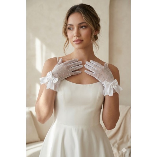 Cyristal Lurexia Beyaz T&uuml;l Eldiven &ndash; Taşlı Işıltılı Fiyonk Detaylı Kısa L&uuml;ks Gelin Aksesuarı-CYRISTAL-1