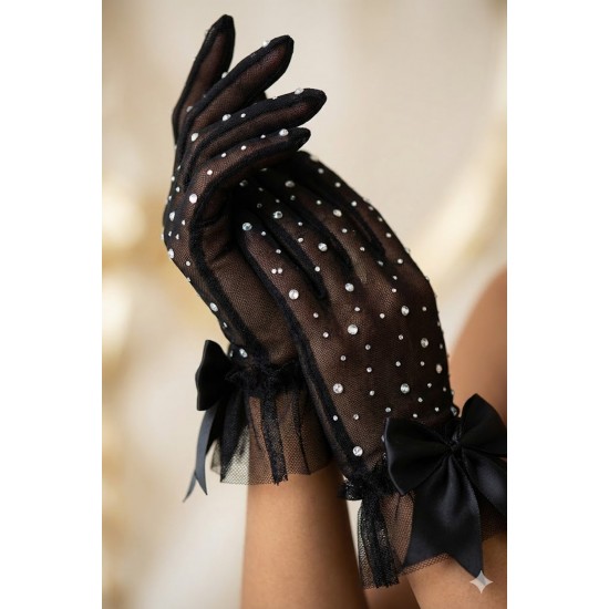 Cyristal Lurexia Siyah T&uuml;l Eldiven &ndash; Taşlı Işıltılı Fiyonk Detaylı Kısa L&uuml;ks Gelin Aksesuarı-CYRISTAL-2