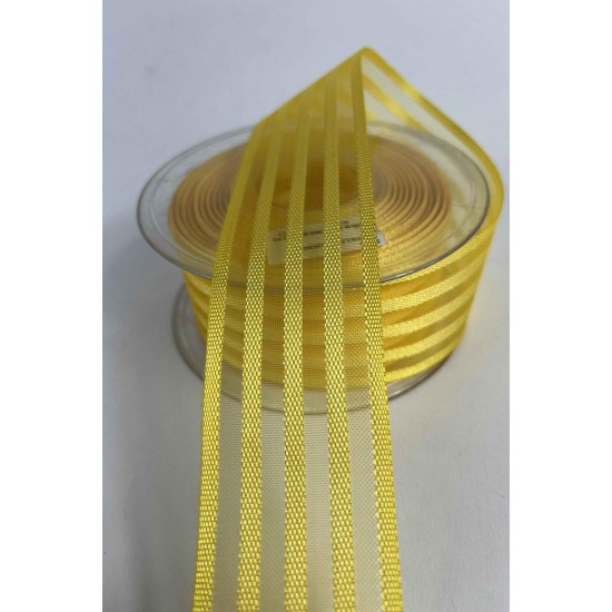 Sarı Şeritli Şifon Kurdele 5 cm En &ndash; 1 Metre &ndash; Nikah Şekeri, S&uuml;sleme ve El Yapımı-CİZGİLİSİFON-1