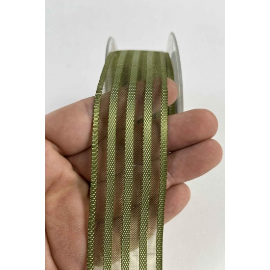 Antik Yeşil Şeritli Şifon Kurdele 5 cm En &ndash; 1 Metre &ndash; Nikah Şekeri, S&uuml;sleme ve El Yapımı-CİZGİLİSİFON-3