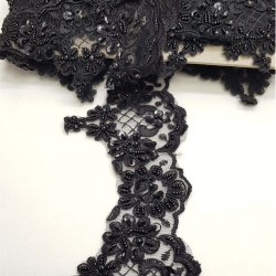 Siyah Boncuk İşlemeli Fransız Güpür Kenar Dantel-DAN-106