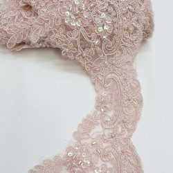 Pudra Boncuk İşlemeli Fransız Güpür Kenar Dantel-DAN-114