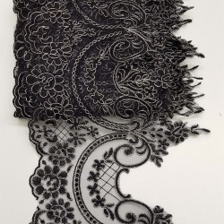 Siyah Gümüş Simli Fransız Güpür Geniş Dantel-DAN-125