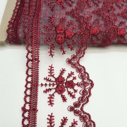 Bordo Çiçek Desenli Dar Dantel-DAN-319