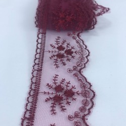 Bordo Çiçek Desenli Dar Dantel-DAN-341