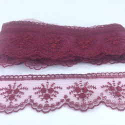 Bordo Çiçek Desenli Dar Dantel-DAN-341