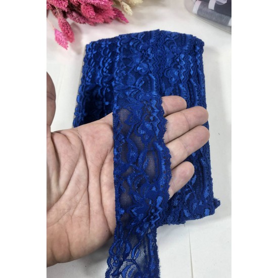 Saks Mavi Likralı Dantel Süsleme Danteli  1 Metre-DAN-599