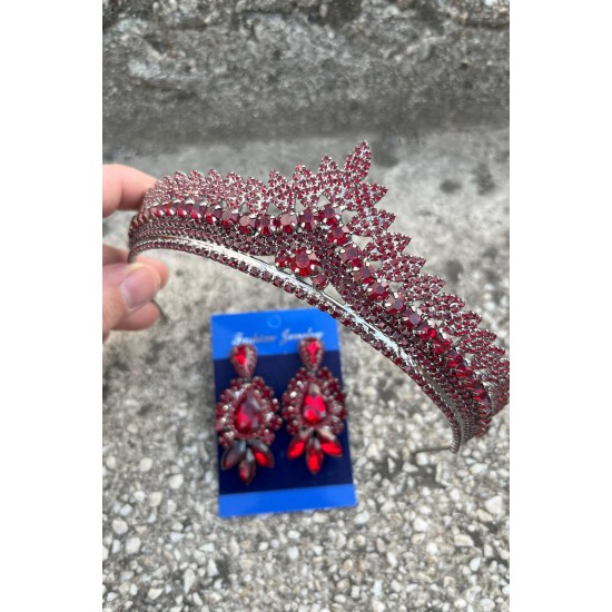 Daniela Bordo Gelin Kına Tacı Özel Gün Aksesuar Kadın Taç Ve Üç Mekik Küpe Takımı-DANIELA-25 Daniela Bordo Gelin Kına Tacı Özel Gün Aksesuar Kadın Taç Ve Üç Mekik Küpe Takımı-DANIELA-25