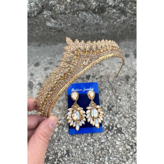 Daniela Gold Gelin Kına Tacı Özel Gün Aksesuar Kadın Taç Ve Geniş Mekik Küpe Takımı-DANIELA-27 Daniela Gold Gelin Kına Tacı Özel Gün Aksesuar Kadın Taç Ve Geniş Mekik Küpe Takımı-DANIELA-27