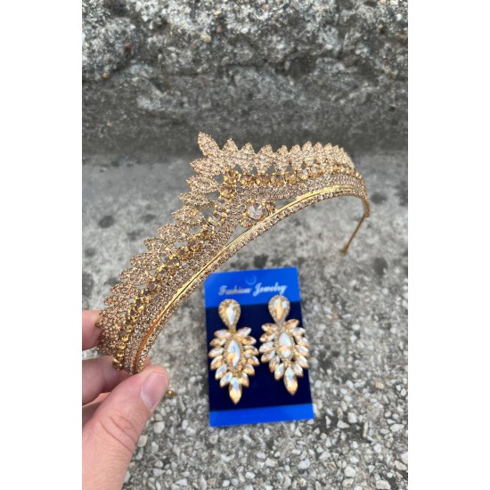 Daniela Gold Gelin Kına Tacı Özel Gün Aksesuar Kadın Taç Ve İnce Mekik Küpe Takımı-DANIELA-28 Daniela Gold Gelin Kına Tacı Özel Gün Aksesuar Kadın Taç Ve İnce Mekik Küpe Takımı-DANIELA-28