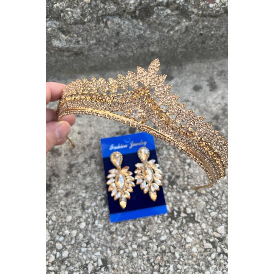 Daniela Gold Gelin Kına Tacı Özel Gün Aksesuar Kadın Taç Ve İnce Mekik Küpe Takımı-DANIELA-28 Daniela Gold Gelin Kına Tacı Özel Gün Aksesuar Kadın Taç Ve İnce Mekik Küpe Takımı-DANIELA-28