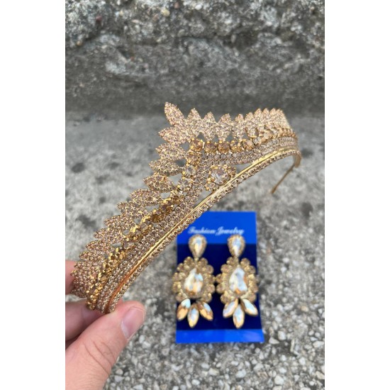 Daniela Gold Gelin Kına Tacı Özel Gün Aksesuar Kadın Taç Ve Üç Mekik Küpe Takımı-DANIELA-29 Daniela Gold Gelin Kına Tacı Özel Gün Aksesuar Kadın Taç Ve Üç Mekik Küpe Takımı-DANIELA-29