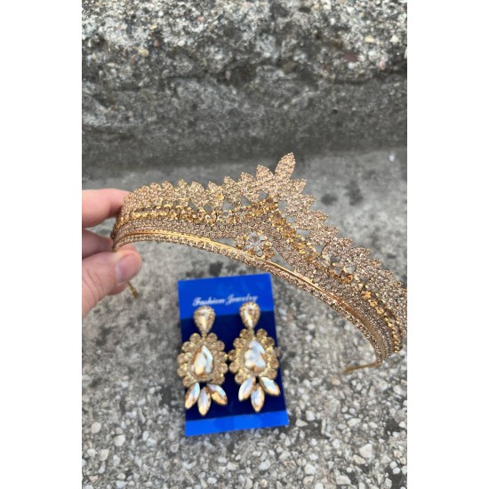 Daniela Gold Gelin Kına Tacı Özel Gün Aksesuar Kadın Taç Ve Üç Mekik Küpe Takımı-DANIELA-29 Daniela Gold Gelin Kına Tacı Özel Gün Aksesuar Kadın Taç Ve Üç Mekik Küpe Takımı-DANIELA-29