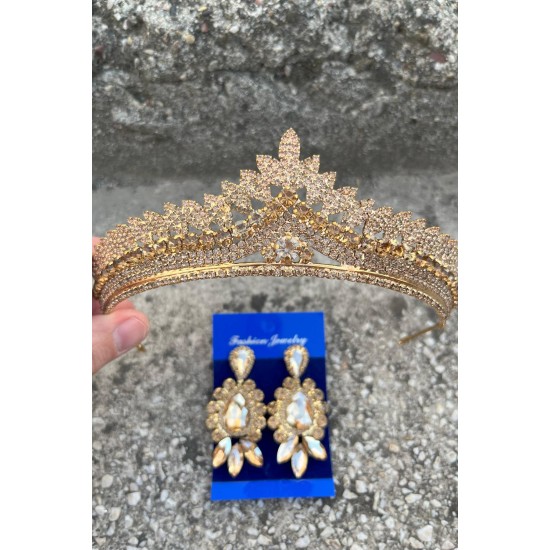 Daniela Gold Gelin Kına Tacı Özel Gün Aksesuar Kadın Taç Ve Üç Mekik Küpe Takımı-DANIELA-29 Daniela Gold Gelin Kına Tacı Özel Gün Aksesuar Kadın Taç Ve Üç Mekik Küpe Takımı-DANIELA-29