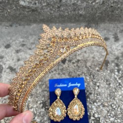 Daniela Gold Gelin Kına Tacı Özel Gün Aksesuar Kadın Taç Ve Damla Mekik Küpe Takımı-DANIELA-30 Daniela Gold Gelin Kına Tacı Özel Gün Aksesuar Kadın Taç Ve Damla Mekik Küpe Takımı-DANIELA-30