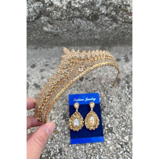 Daniela Gold Gelin Kına Tacı Özel Gün Aksesuar Kadın Taç Ve Damla Mekik Küpe Takımı-DANIELA-30 Daniela Gold Gelin Kına Tacı Özel Gün Aksesuar Kadın Taç Ve Damla Mekik Küpe Takımı-DANIELA-30