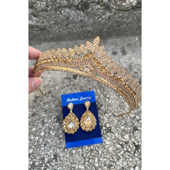 Daniela Gold Gelin Kına Tacı Özel Gün Aksesuar Kadın Taç Ve Damla Mekik Küpe Takımı-DANIELA-30 Daniela Gold Gelin Kına Tacı Özel Gün Aksesuar Kadın Taç Ve Damla Mekik Küpe Takımı-DANIELA-30