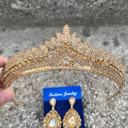 Daniela Gold Gelin Kına Tacı Özel Gün Aksesuar Kadın Taç Ve Damla Mekik Küpe Takımı-DANIELA-30 Daniela Gold Gelin Kına Tacı Özel Gün Aksesuar Kadın Taç Ve Damla Mekik Küpe Takımı-DANIELA-30