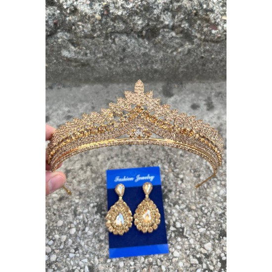 Daniela Gold Gelin Kına Tacı Özel Gün Aksesuar Kadın Taç Ve Damla Mekik Küpe Takımı-DANIELA-30 Daniela Gold Gelin Kına Tacı Özel Gün Aksesuar Kadın Taç Ve Damla Mekik Küpe Takımı-DANIELA-30