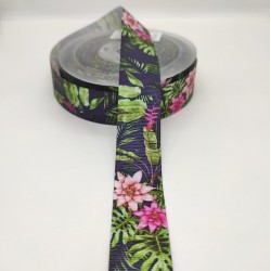 Pembe Fuşya Gül Desenli Grogren Kurdele-DGK-1458