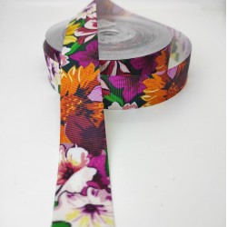 Mor Turuncu Çiçek Desenli Grogren Kurdele-DGK-1462