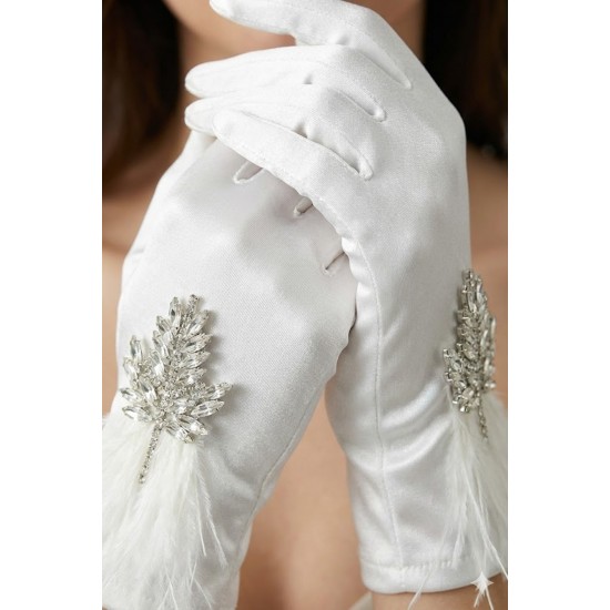 Elarisse Jewel Beyaz Satin Eldiven &ndash; Taşlı ve T&uuml;yl&uuml; Kısa L&uuml;ks Gelin ve Davet Aksesuarı-ELARISSE-1