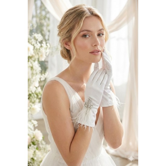 Elarisse Jewel Beyaz Satin Eldiven &ndash; Taşlı ve T&uuml;yl&uuml; Kısa L&uuml;ks Gelin ve Davet Aksesuarı-ELARISSE-1