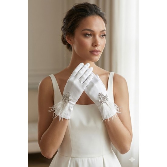 Elarisse Jewel Beyaz Satin Eldiven &ndash; Taşlı ve T&uuml;yl&uuml; Kısa L&uuml;ks Gelin ve Davet Aksesuarı-ELARISSE-1