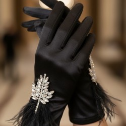 Elarisse Jewel Siyah Satin Eldiven &ndash; Taşlı ve T&uuml;yl&uuml; Kısa L&uuml;ks Gelin ve Davet Aksesuarı-ELARISSE-2