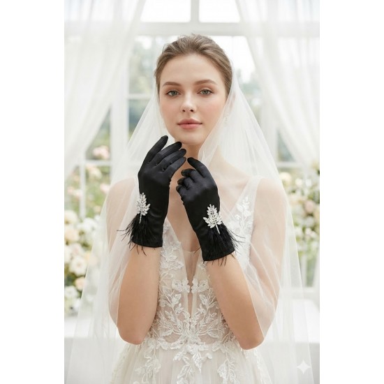 Elarisse Jewel Siyah Satin Eldiven &ndash; Taşlı ve T&uuml;yl&uuml; Kısa L&uuml;ks Gelin ve Davet Aksesuarı-ELARISSE-2