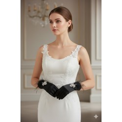 Elarisse Jewel Siyah Satin Eldiven &ndash; Taşlı ve T&uuml;yl&uuml; Kısa L&uuml;ks Gelin ve Davet Aksesuarı-ELARISSE-2