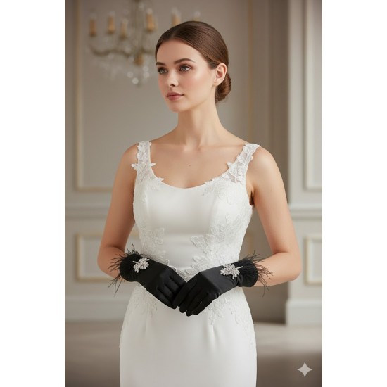 Elarisse Jewel Siyah Satin Eldiven &ndash; Taşlı ve T&uuml;yl&uuml; Kısa L&uuml;ks Gelin ve Davet Aksesuarı-ELARISSE-2