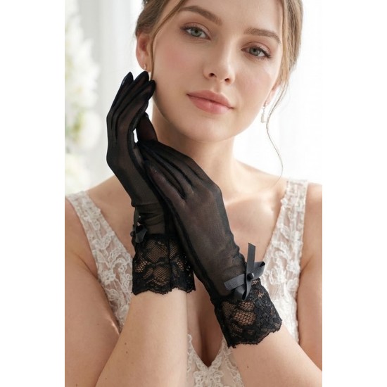 Elviora Lace Veil Siyah Eldiven &ndash; Dantel Manşetli Fiyonk Detaylı Zarif Gelin Aksesuarı-ELVIORA-1