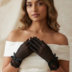Elviora Lace Veil Siyah Eldiven &ndash; Dantel Manşetli Fiyonk Detaylı Zarif Gelin Aksesuarı-ELVIORA-1